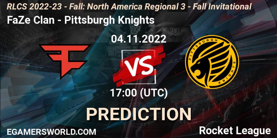FaZe Clan contre Pittsburgh Knights : prédiction de match. 04.11.2022 at 17:00. Rocket League, RLCS 2022-23 - Fall: North America Regional 3 - Fall Invitational