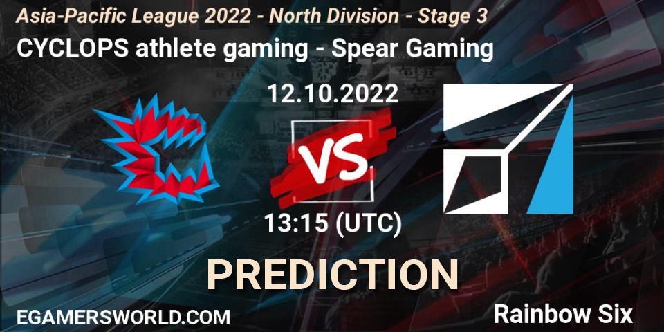 CYCLOPS athlete gaming contre Spear Gaming : prédiction de match. 12.10.2022 at 13:15. Rainbow Six, Asia-Pacific League 2022 - North Division - Stage 3