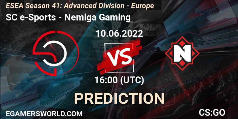 SC e-Sports contre Nemiga Gaming : prédiction de match. 10.06.2022 at 16:00. Counter-Strike (CS2), ESEA Season 41: Advanced Division - Europe
