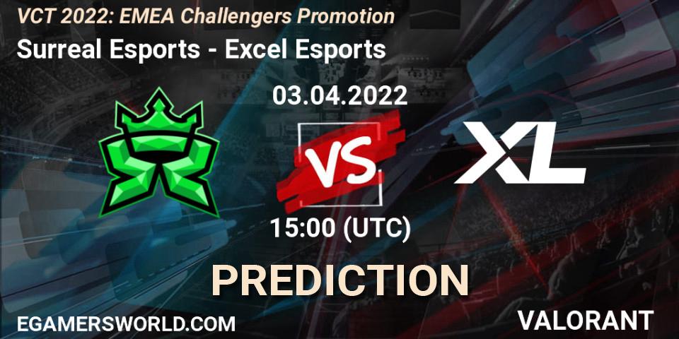 Surreal Esports contre Excel Esports : prédiction de match. 03.04.2022 at 15:00. VALORANT, VCT 2022: EMEA Challengers Promotion