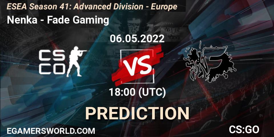 Nenka contre Fade Gaming : prédiction de match. 06.05.2022 at 18:00. Counter-Strike (CS2), ESEA Season 41: Advanced Division - Europe