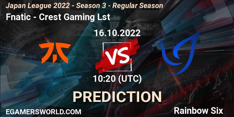 Fnatic contre Crest Gaming Lst : prédiction de match. 16.10.2022 at 10:20. Rainbow Six, Japan League 2022 - Season 3 - Regular Season