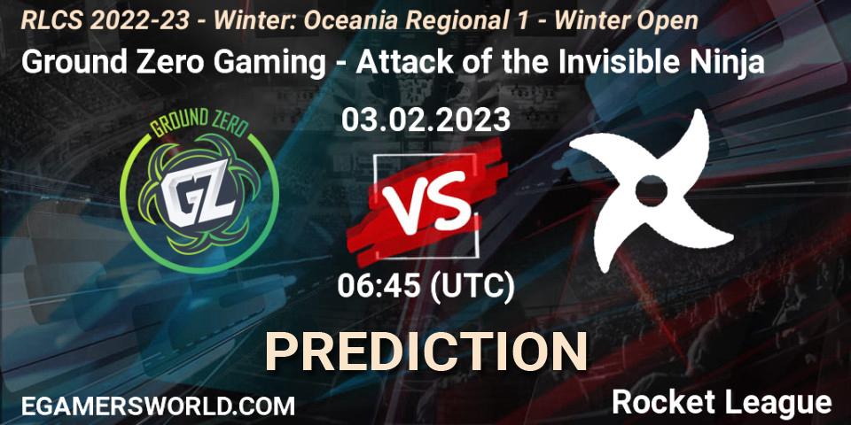 Ground Zero Gaming contre Attack of the Invisible Ninja : prédiction de match. 03.02.2023 at 06:45. Rocket League, RLCS 2022-23 - Winter: Oceania Regional 1 - Winter Open