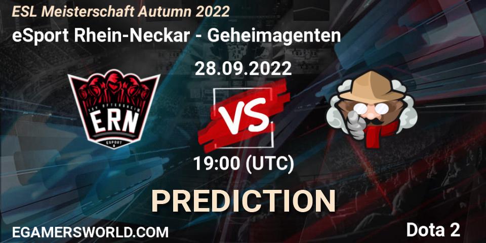 eSport Rhein-Neckar contre Geheimagenten : prédiction de match. 28.09.2022 at 19:29. Dota 2, ESL Meisterschaft Autumn 2022