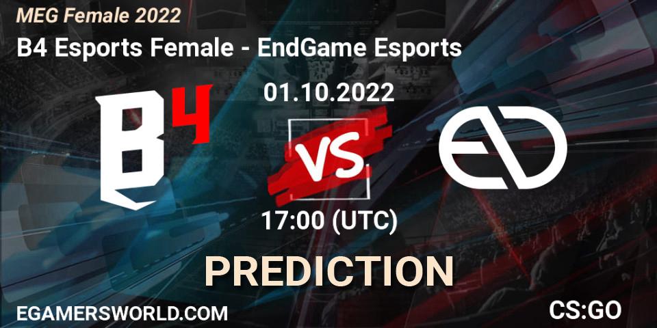 B4 Esports Female contre EndGame Esports : prédiction de match. 01.10.2022 at 17:30. Counter-Strike (CS2), MEG Female 2022