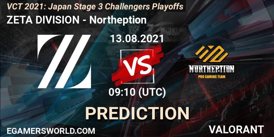 ZETA DIVISION contre Northeption : prédiction de match. 13.08.2021 at 09:10. VALORANT, VCT 2021: Japan Stage 3 Challengers Playoffs
