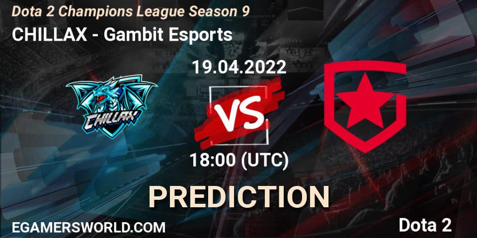 CHILLAX contre Gambit Esports : prédiction de match. 19.04.2022 at 18:10. Dota 2, Dota 2 Champions League Season 9