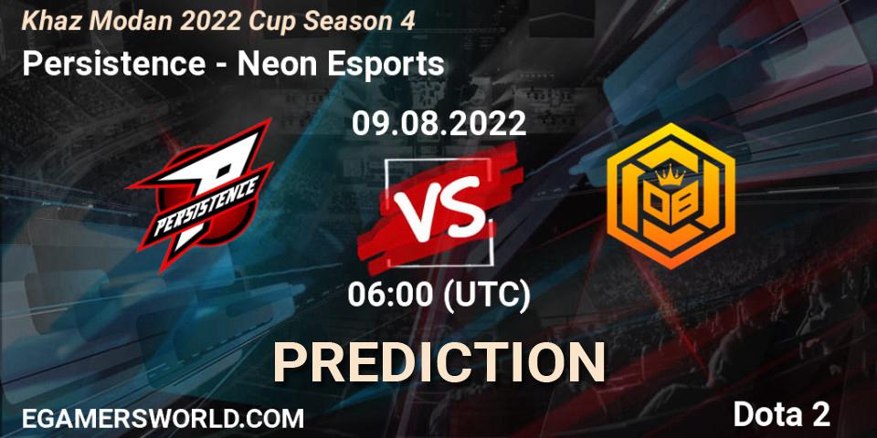 Persistence contre Neon Esports : prédiction de match. 09.08.2022 at 06:00. Dota 2, Khaz Modan 2022 Cup Season 4