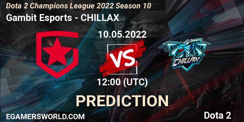 Gambit Esports contre CHILLAX : prédiction de match. 10.05.2022 at 12:00. Dota 2, Dota 2 Champions League 2022 Season 10 