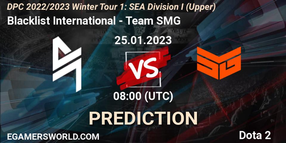 Blacklist International contre Team SMG : prédiction de match. 25.01.2023 at 08:00. Dota 2, DPC 2022/2023 Winter Tour 1: SEA Division I (Upper)