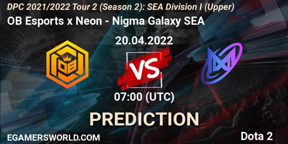 OB Esports x Neon contre Nigma Galaxy SEA : prédiction de match. 20.04.2022 at 07:01. Dota 2, DPC 2021/2022 Tour 2 (Season 2): SEA Division I (Upper)