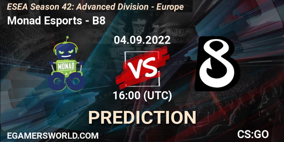 Monad Esports contre B8 : prédiction de match. 05.09.2022 at 15:00. Counter-Strike (CS2), ESEA Season 42: Advanced Division - Europe