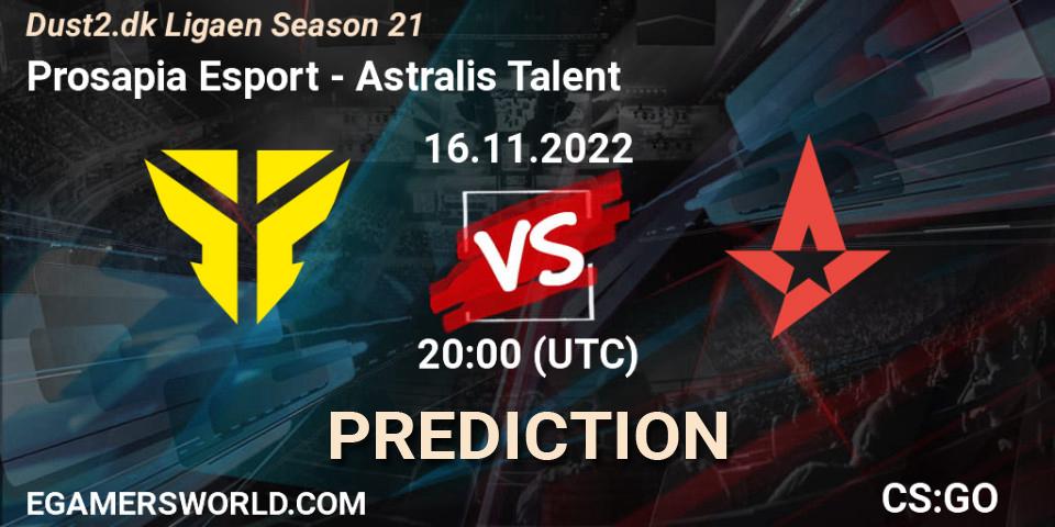 Prosapia Esport contre Astralis Talent : prédiction de match. 16.11.2022 at 20:00. Counter-Strike (CS2), Dust2.dk Ligaen Season 21
