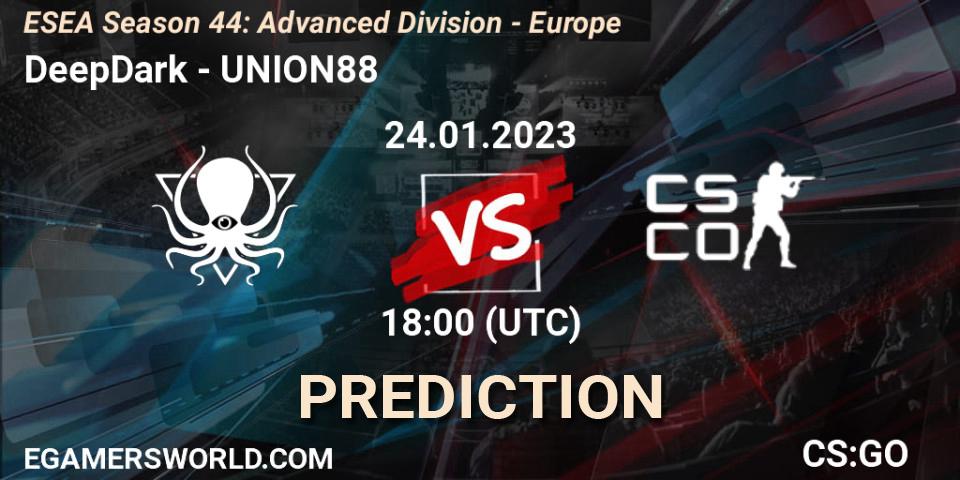 DeepDark contre UNION88 : prédiction de match. 24.01.2023 at 18:00. Counter-Strike (CS2), ESEA Season 44: Advanced Division - Europe