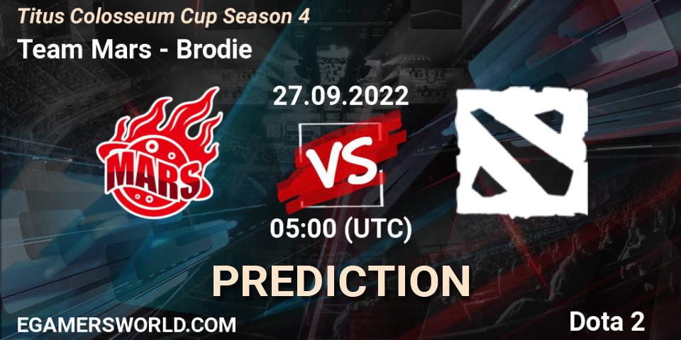Team Mars contre Brodie : prédiction de match. 27.09.2022 at 05:03. Dota 2, Titus Colosseum Cup Season 4 