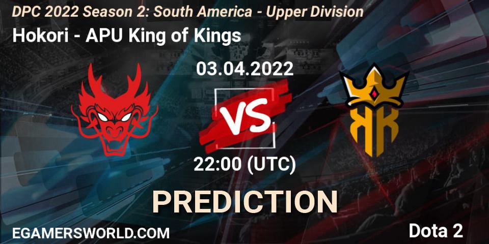 Hokori contre APU King of Kings : prédiction de match. 03.04.2022 at 22:00. Dota 2, DPC 2021/2022 Tour 2 (Season 2): SA Division I (Upper)