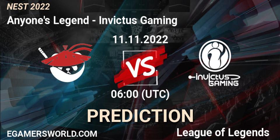 Anyone's Legend contre Invictus Gaming : prédiction de match. 11.11.22. LoL, NEST 2022