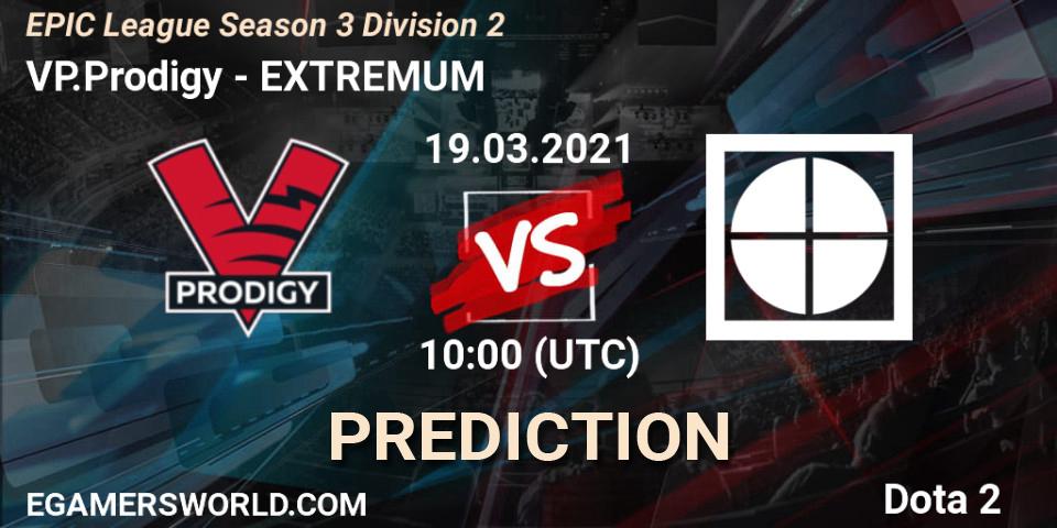 VP.Prodigy contre EXTREMUM : prédiction de match. 19.03.2021 at 10:00. Dota 2, EPIC League Season 3 Division 2