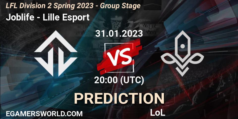 Joblife contre Lille Esport : prédiction de match. 31.01.23. LoL, LFL Division 2 Spring 2023 - Group Stage