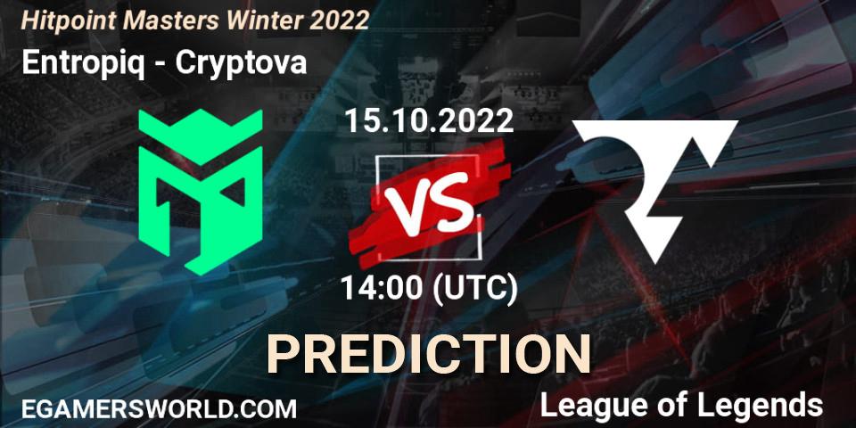 Entropiq contre Cryptova : prédiction de match. 16.10.2022 at 13:50. LoL, Hitpoint Masters Winter 2022