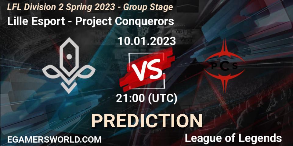 Lille Esport contre Project Conquerors : prédiction de match. 10.01.2023 at 21:00. LoL, LFL Division 2 Spring 2023 - Group Stage