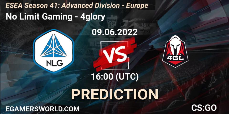 No Limit Gaming contre 4glory : prédiction de match. 09.06.2022 at 16:00. Counter-Strike (CS2), ESEA Season 41: Advanced Division - Europe