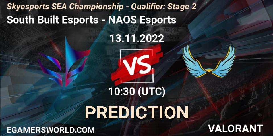 South Built Esports contre NAOS Esports : prédiction de match. 13.11.2022 at 10:30. VALORANT, Skyesports SEA Championship - Qualifier: Stage 2