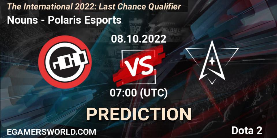Nouns contre Polaris Esports : prédiction de match. 08.10.22. Dota 2, The International 2022: Last Chance Qualifier