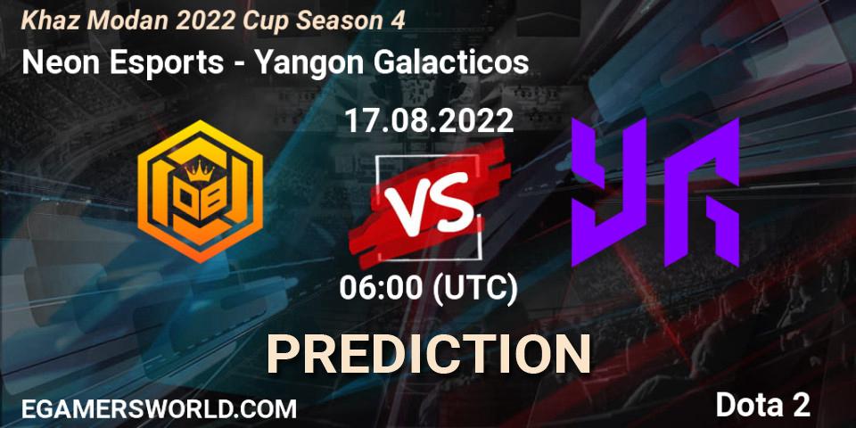 Neon Esports contre Yangon Galacticos : prédiction de match. 17.08.2022 at 06:00. Dota 2, Khaz Modan 2022 Cup Season 4
