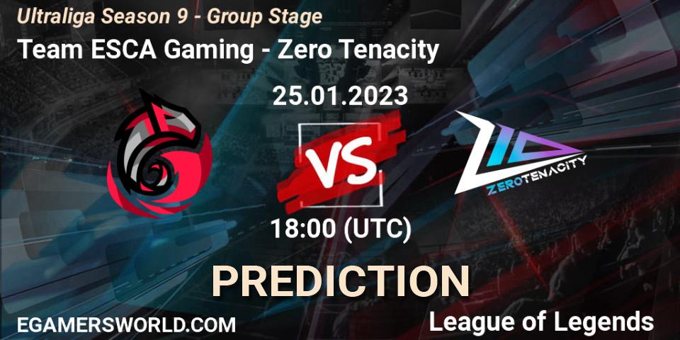 Team ESCA Gaming contre Zero Tenacity : prédiction de match. 25.01.2023 at 18:00. LoL, Ultraliga Season 9 - Group Stage