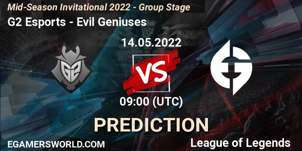 G2 Esports contre Evil Geniuses : prédiction de match. 14.05.2022 at 09:00. LoL, Mid-Season Invitational 2022 - Group Stage