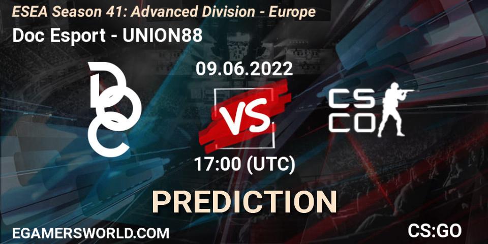 Doc Esport contre UNION88 : prédiction de match. 09.06.2022 at 17:00. Counter-Strike (CS2), ESEA Season 41: Advanced Division - Europe
