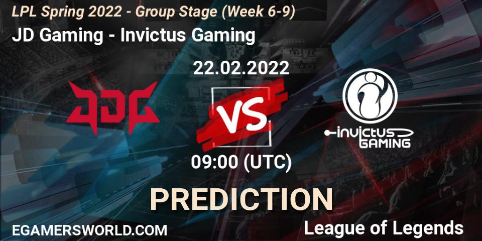 JD Gaming contre Invictus Gaming : prédiction de match. 22.02.2022 at 11:00. LoL, LPL Spring 2022 - Group Stage (Week 6-9)