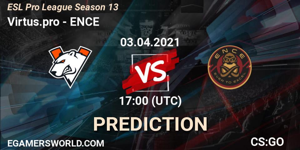 Virtus.pro contre ENCE : prédiction de match. 03.04.2021 at 13:30. Counter-Strike (CS2), ESL Pro League Season 13