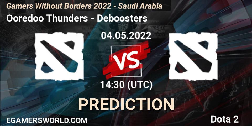 Ooredoo Thunders contre Deboosters : prédiction de match. 04.05.2022 at 14:48. Dota 2, Gamers Without Borders 2022 - Saudi Arabia