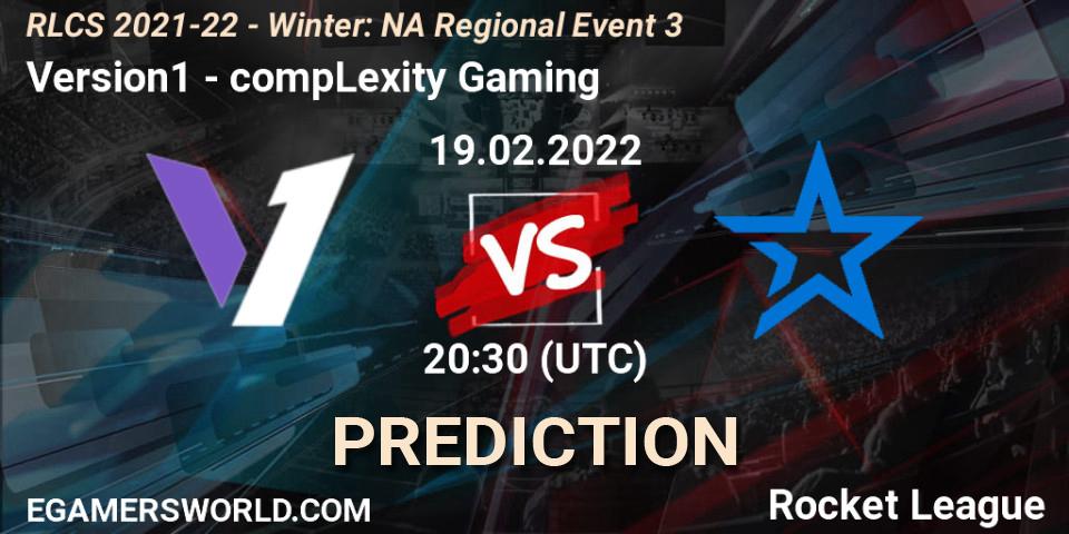 Version1 contre compLexity Gaming : prédiction de match. 19.02.2022 at 20:30. Rocket League, RLCS 2021-22 - Winter: NA Regional Event 3