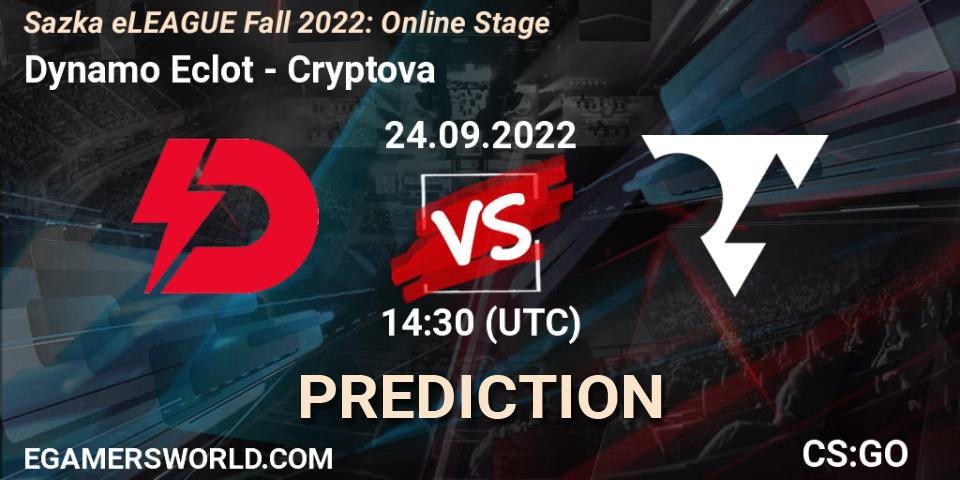 Dynamo Eclot contre Cryptova : prédiction de match. 24.09.2022 at 14:30. Counter-Strike (CS2), Sazka eLEAGUE Fall 2022: Online Stage