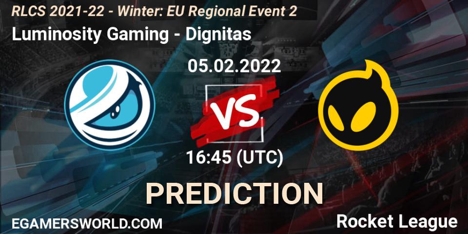 Luminosity Gaming contre Dignitas : prédiction de match. 05.02.2022 at 16:45. Rocket League, RLCS 2021-22 - Winter: EU Regional Event 2