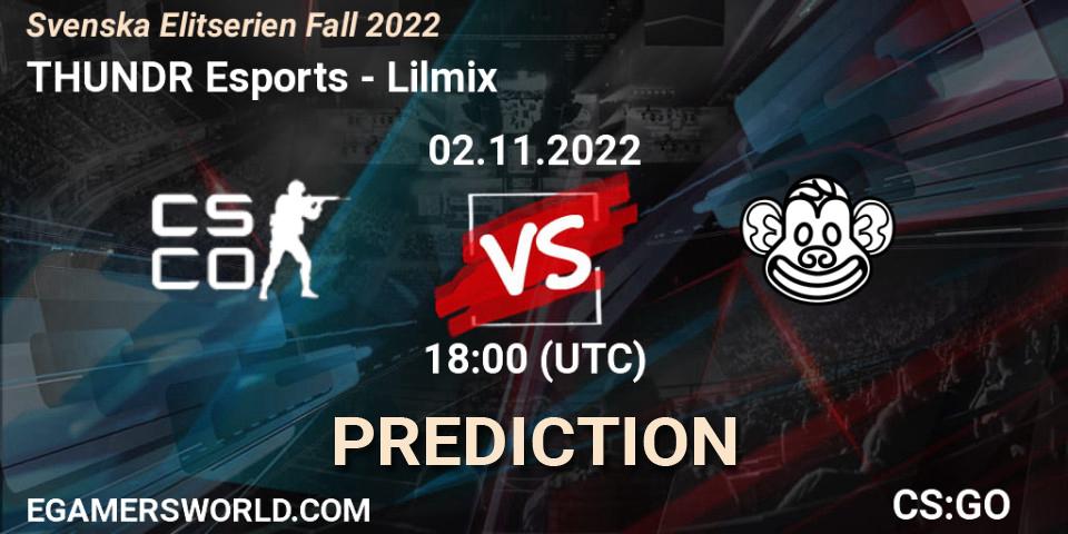 THUNDR Esports contre Lilmix : prédiction de match. 02.11.2022 at 18:00. Counter-Strike (CS2), Svenska Elitserien Fall 2022