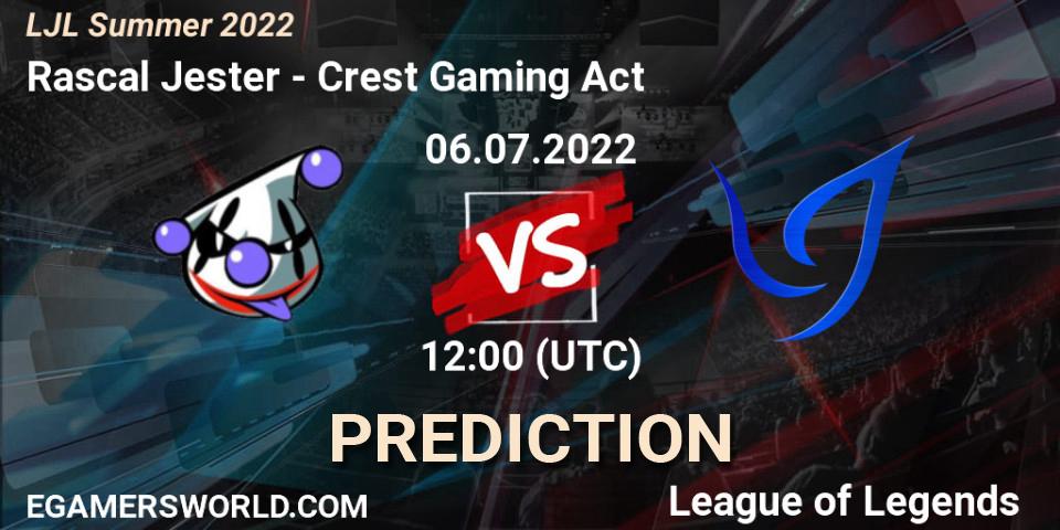 Rascal Jester contre Crest Gaming Act : prédiction de match. 06.07.2022 at 13:40. LoL, LJL Summer 2022