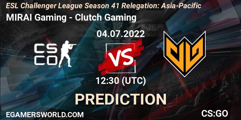 MIRAI Gaming contre Clutch Gaming : prédiction de match. 04.07.2022 at 12:30. Counter-Strike (CS2), ESL Challenger League Season 41 Relegation: Asia-Pacific