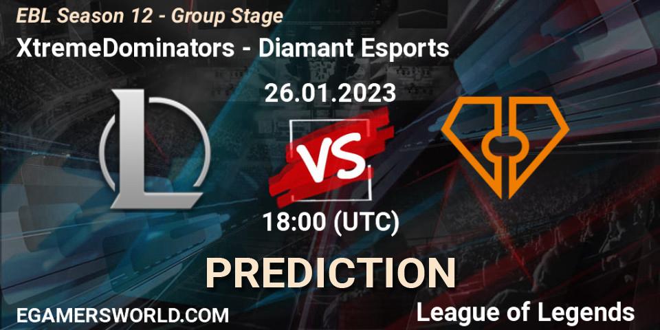 XtremeDominators contre Diamant Esports : prédiction de match. 26.01.2023 at 18:00. LoL, EBL Season 12 - Group Stage