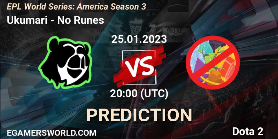 Ukumari contre No Runes : prédiction de match. 25.01.2023 at 20:00. Dota 2, EPL World Series: America Season 3