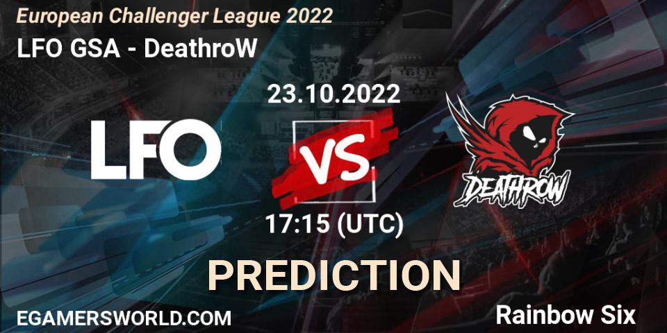 LFO GSA contre DeathroW : prédiction de match. 23.10.2022 at 17:15. Rainbow Six, European Challenger League 2022
