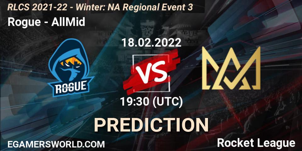 Rogue contre AllMid : prédiction de match. 18.02.2022 at 19:30. Rocket League, RLCS 2021-22 - Winter: NA Regional Event 3