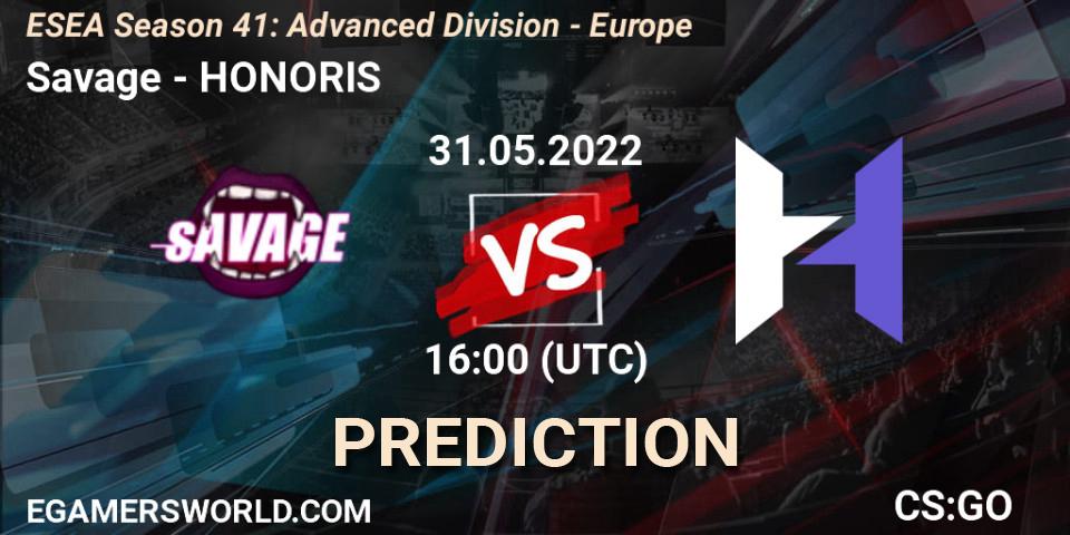 Savage contre HONORIS : prédiction de match. 01.06.2022 at 16:00. Counter-Strike (CS2), ESEA Season 41: Advanced Division - Europe