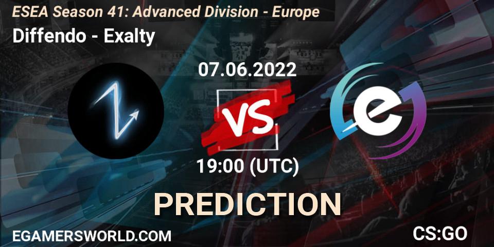 Diffendo contre Exalty : prédiction de match. 07.06.2022 at 19:00. Counter-Strike (CS2), ESEA Season 41: Advanced Division - Europe