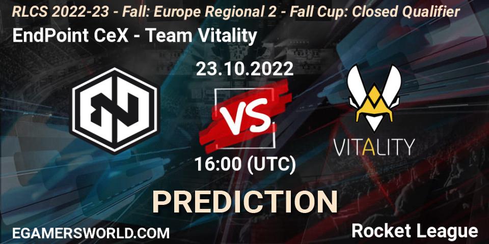 EndPoint CeX contre Team Vitality : prédiction de match. 23.10.2022 at 16:00. Rocket League, RLCS 2022-23 - Fall: Europe Regional 2 - Fall Cup: Closed Qualifier