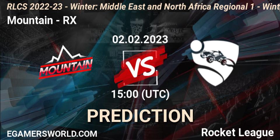 Mountain contre RX : prédiction de match. 02.02.2023 at 15:00. Rocket League, RLCS 2022-23 - Winter: Middle East and North Africa Regional 1 - Winter Open