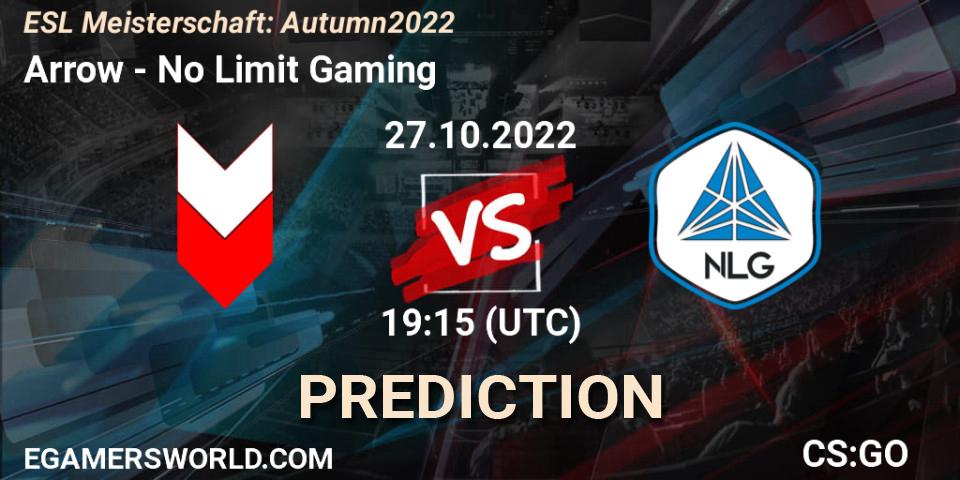 Arrow contre No Limit Gaming : prédiction de match. 27.10.2022 at 19:15. Counter-Strike (CS2), ESL Meisterschaft: Autumn 2022
